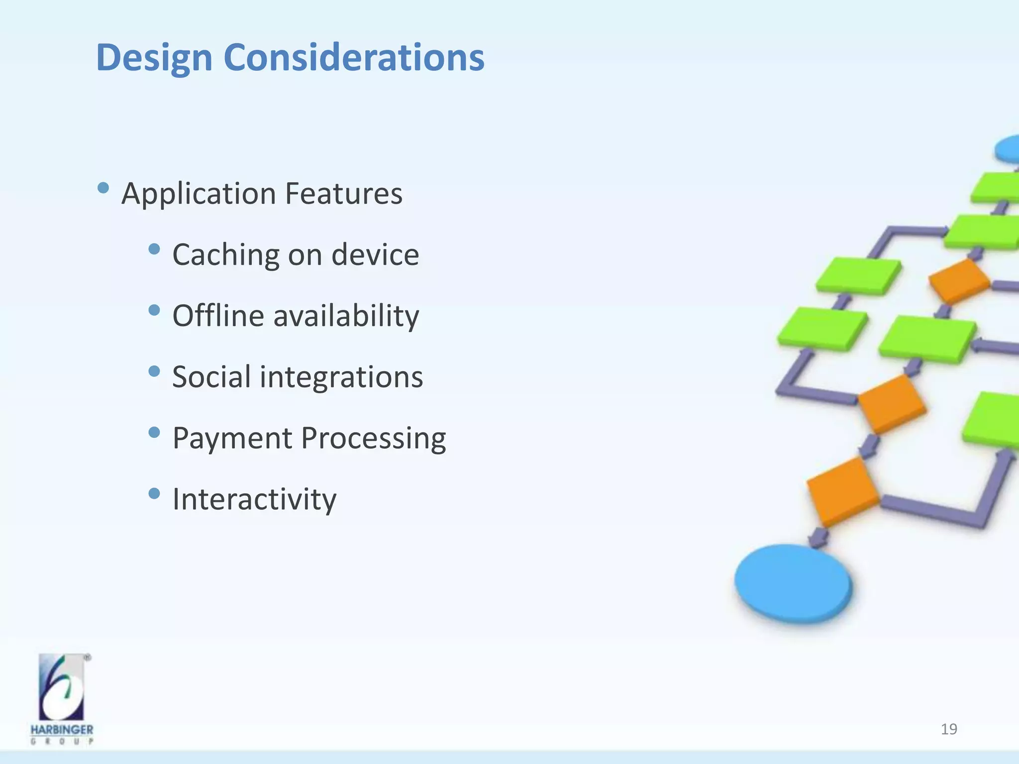 Design Considerations
• Application Features
• Caching on device
• Offline availability
• Social integrations
• Payment Processing
• Interactivity
19
