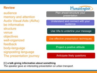 Review
audience                                       Plan ahead-structure your
                                                     presentation
memory and attention
Audio Visual Aids (AVAs)                   Understand and connect with your
be informative                                        audience
structure
                                           Use VAs to underline your message
venue
objectives
                                         Use effective presentation techniques
well-organized
feedback
body-language                                   Project a positive attitude
signposting language
The presentation journey                        Anticipate likely questions

[C] a talk giving information about something
The speaker gave an interesting presentation on urban transport.
 
