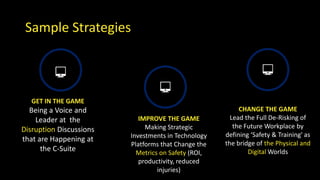 GET IN THE GAME
Being a Voice and
Leader at the
Disruption Discussions
that are Happening at
the C-Suite
IMPROVE THE GAME
Making Strategic
Investments in Technology
Platforms that Change the
Metrics on Safety (ROI,
productivity, reduced
injuries)
CHANGE THE GAME
Lead the Full De-Risking of
the Future Workplace by
defining ‘Safety & Training' as
the bridge of the Physical and
Digital Worlds
Sample Strategies
 