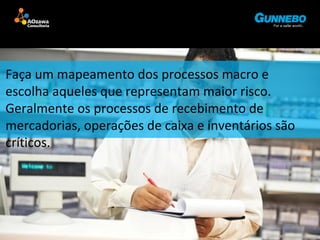 Faça um mapeamento dos processos macro e 
escolha aqueles que representam maior risco. 
Geralmente os processos de recebimento de 
mercadorias, operações de caixa e inventários são 
críticos. 
 