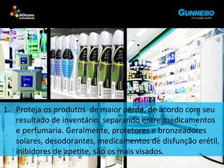 1. Proteja os produtos de maior perda, de acordo com seu 
resultado de inventário, separando entre medicamentos 
e perfumaria. Geralmente, protetores e bronzeadores 
solares, desodorantes, medicamentos de disfunção erétil, 
inibidores de apetite, são os mais visados. 
 