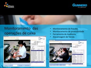 • Monitoramento de fraudes 
• Monitoramento de produtividade 
• Ferramenta de Auditoria 
• Alavancagem de Venda 
Monitoramento das 
operações de caixa 
 