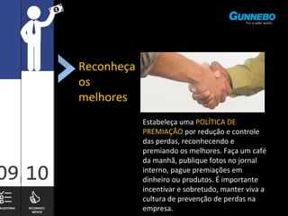 AUDITORIA RECONHECI-MENTO 
Reconheça 
os 
melhores 
Estabeleça uma POLÍTICA DE 
PREMIAÇÃO por redução e controle 
das perdas, reconhecendo e 
premiando os melhores. Faça um café 
da manhã, publique fotos no jornal 
interno, pague premiações em 
dinheiro ou produtos. É importante 
incentivar e sobretudo, manter viva a 
cultura de prevenção de perdas na 
empresa. 
 