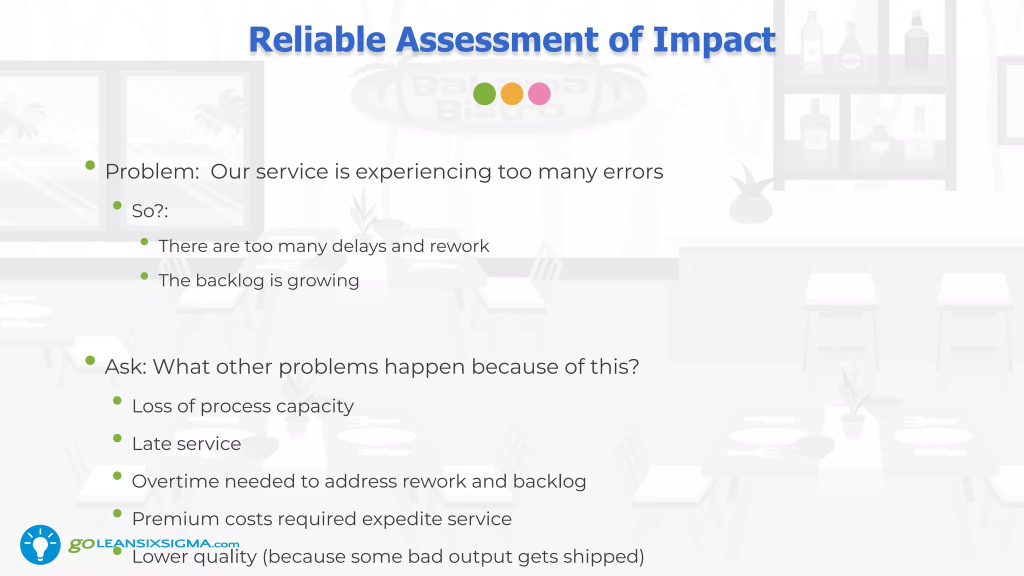 Reliable Assessment of Impact
• Problem: Our service is experiencing too many errors
• So?:
• There are too many delays and rework
• The backlog is growing
• Ask: What other problems happen because of this?
• Loss of process capacity
• Late service
• Overtime needed to address rework and backlog
• Premium costs required expedite service
• Lower quality (because some bad output gets shipped)
 