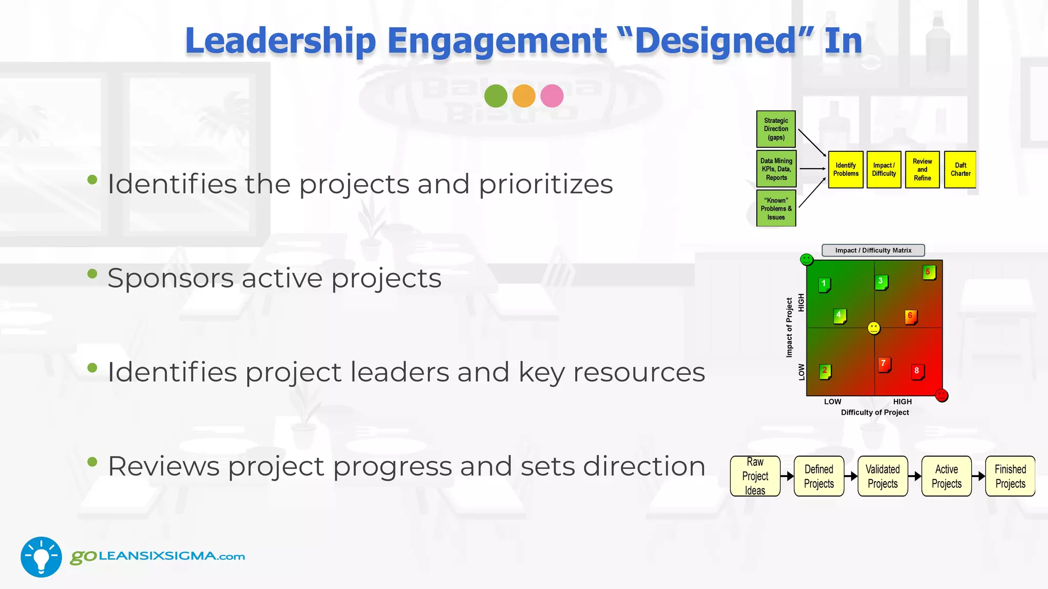 Leadership Engagement “Designed” In
• Identiﬁes the projects and prioritizes
• Sponsors active projects
• Identiﬁes project leaders and key resources
• Reviews project progress and sets direction
 