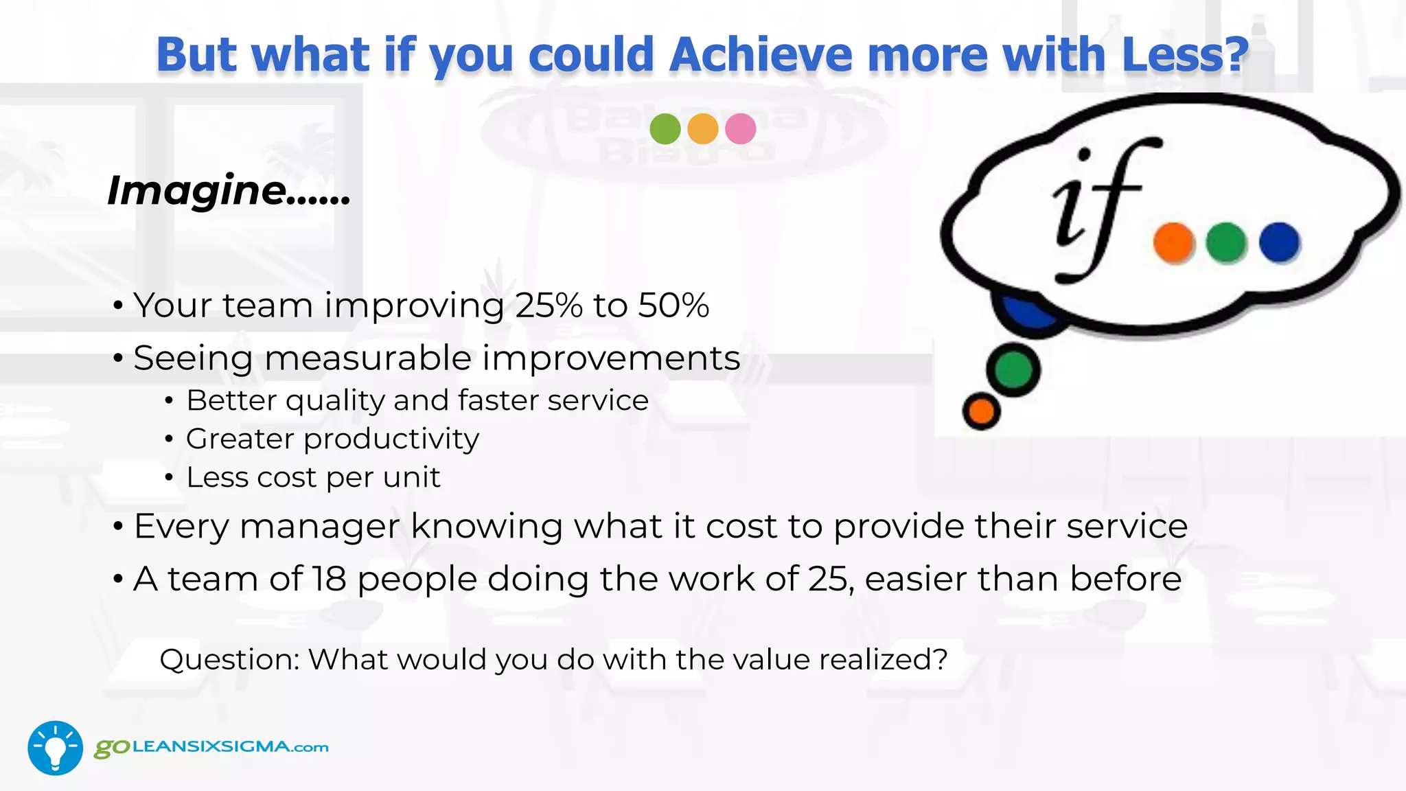 But what if you could Achieve more with Less?
Imagine……
• Your team improving 25% to 50%
• Seeing measurable improvements
• Better quality and faster service
• Greater productivity
• Less cost per unit
• Every manager knowing what it cost to provide their service
• A team of 18 people doing the work of 25, easier than before
Question: What would you do with the value realized?
 