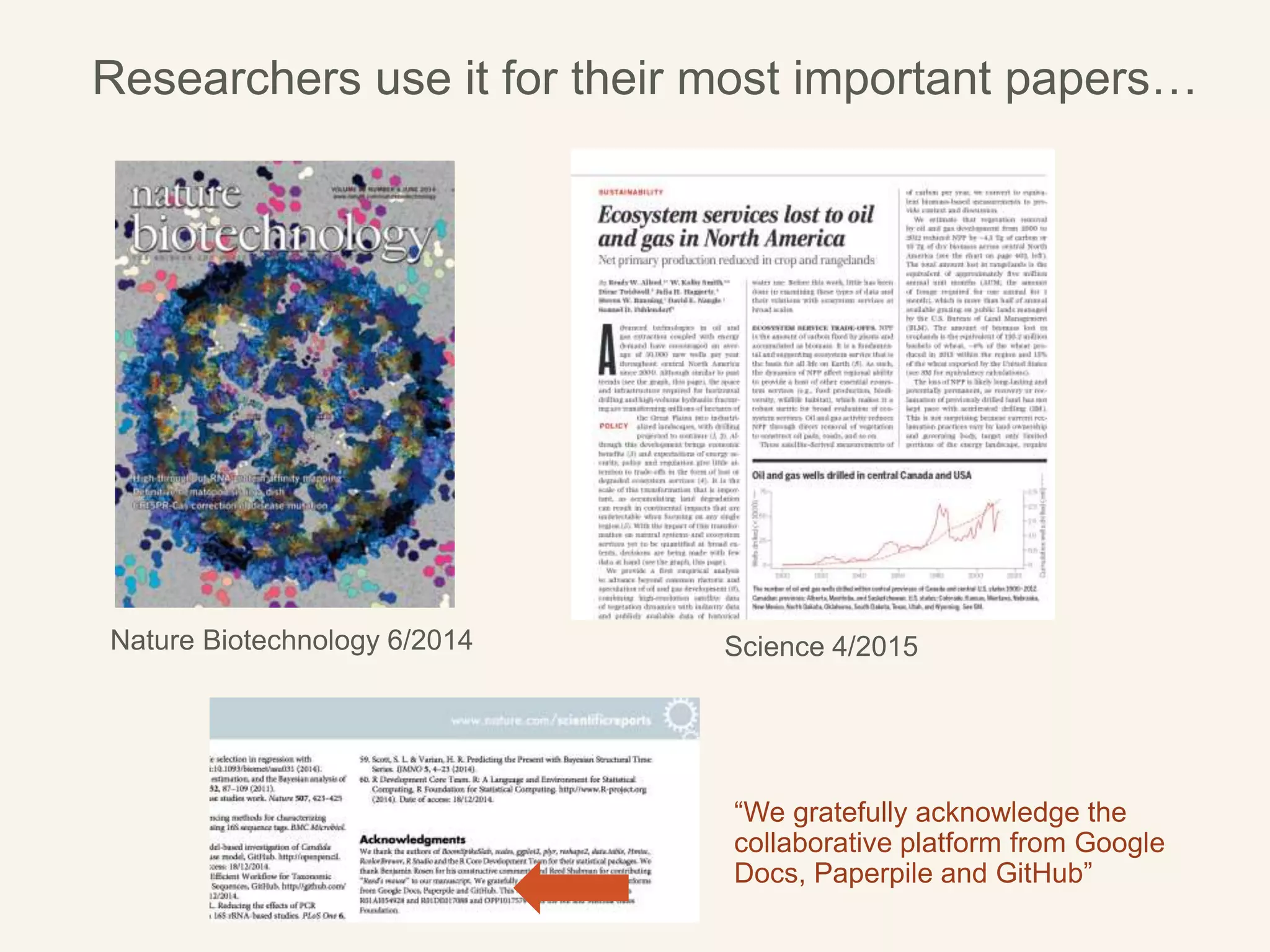 Researchers use it for their most important papers…
Nature Biotechnology 6/2014 Science 4/2015
“We gratefully acknowledge the
collaborative platform from Google
Docs, Paperpile and GitHub”
 