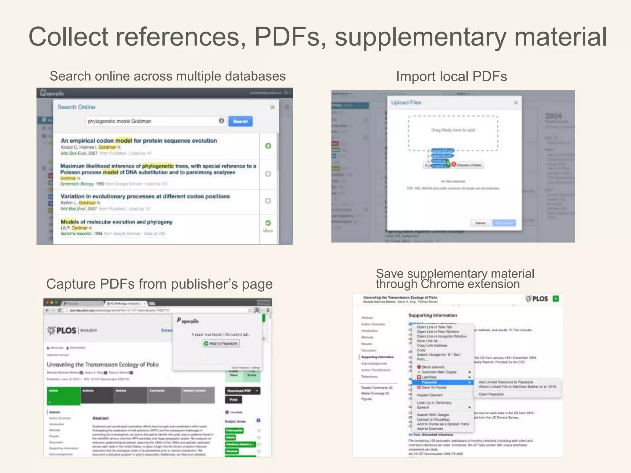 Collect references, PDFs, supplementary material
Search online across multiple databases Import local PDFs
Capture PDFs from publisher’s page
Save supplementary material
through Chrome extension
 