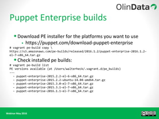 Webinar May 2016
Puppet Enterprise builds
•Download PE installer for the platforms you want to use
• https://puppet.com/download-puppet-enterprise
# vagrant pe-build copy 
https://s3.amazonaws.com/pe-builds/released/2016.1.2/puppet-enterprise-2016.1.2-
el-7-x86_64.tar.gz
•Check installed pe builds:
# vagrant pe-build list
PE versions available (at /Users/walterheck/.vagrant.d/pe_builds)
---
- puppet-enterprise-2015.2.2-el-6-x86_64.tar.gz
- puppet-enterprise-2015.2.2-ubuntu-14.04-amd64.tar.gz
- puppet-enterprise-2015.3.0-el-7-x86_64.tar.gz
- puppet-enterprise-2015.3.1-el-7-x86_64.tar.gz
- puppet-enterprise-2016.1.1-el-7-x86_64.tar.gz
 