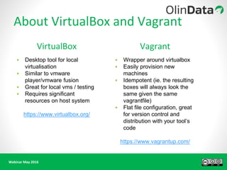 Webinar May 2016
About VirtualBox and Vagrant
VirtualBox Vagrant
• Desktop tool for local
virtualisation
• Similar to vmware
player/vmware fusion
• Great for local vms / testing
• Requires significant
resources on host system
https://www.virtualbox.org/
• Wrapper around virtualbox
• Easily provision new
machines
• Idempotent (ie. the resulting
boxes will always look the
same given the same
vagrantfile)
• Flat file configuration, great
for version control and
distribution with your tool’s
code
https://www.vagrantup.com/
 