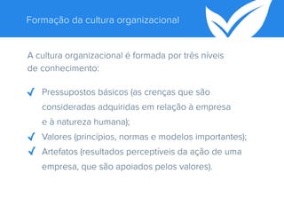 Formação da cultura organizacional
A cultura organizacional é formada por três níveis
de conhecimento:
Pressupostos básico...