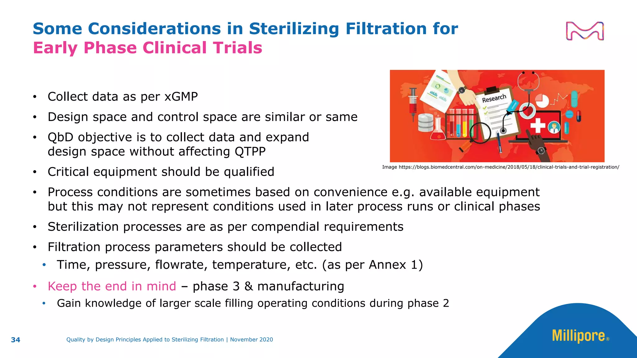 Some Considerations in Sterilizing Filtration for
Early Phase Clinical Trials
• Collect data as per xGMP
• Design space and control space are similar or same
• QbD objective is to collect data and expand
design space without affecting QTPP
• Critical equipment should be qualified
• Process conditions are sometimes based on convenience e.g. available equipment
but this may not represent conditions used in later process runs or clinical phases
• Sterilization processes are as per compendial requirements
• Filtration process parameters should be collected
• Time, pressure, flowrate, temperature, etc. (as per Annex 1)
• Keep the end in mind – phase 3 & manufacturing
• Gain knowledge of larger scale filling operating conditions during phase 2
Quality by Design Principles Applied to Sterilizing Filtration | November 2020
Image https://blogs.biomedcentral.com/on-medicine/2018/05/18/clinical-trials-and-trial-registration/
34
 