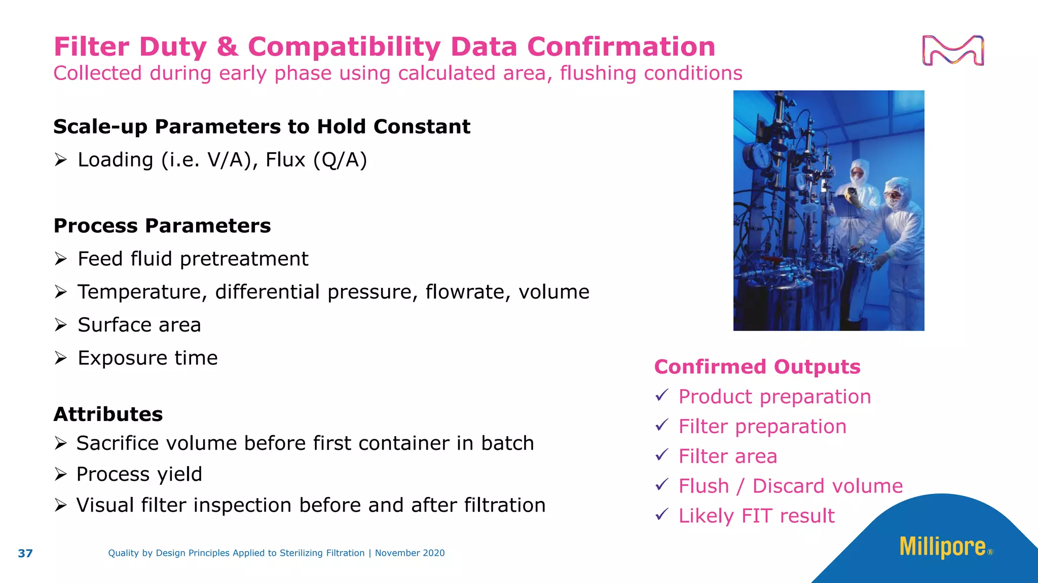 Collected during early phase using calculated area, flushing conditions
Filter Duty & Compatibility Data Confirmation
Scale-up Parameters to Hold Constant
➢ Loading (i.e. V/A), Flux (Q/A)
Process Parameters
➢ Feed fluid pretreatment
➢ Temperature, differential pressure, flowrate, volume
➢ Surface area
➢ Exposure time
Attributes
➢ Sacrifice volume before first container in batch
➢ Process yield
➢ Visual filter inspection before and after filtration
37
Confirmed Outputs
✓ Product preparation
✓ Filter preparation
✓ Filter area
✓ Flush / Discard volume
✓ Likely FIT result
Quality by Design Principles Applied to Sterilizing Filtration | November 2020
 