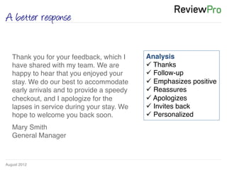 August 2012!
A better response
Thank you for your feedback, which I
have shared with my team. We are
happy to hear that you enjoyed your
stay. We do our best to accommodate
early arrivals and to provide a speedy
checkout, and I apologize for the
lapses in service during your stay. We
hope to welcome you back soon. !
!
Mary Smith !
General Manager !
Analysis!
ü Thanks !
ü Follow-up!
ü Emphasizes positive !
ü Reassures !
ü Apologizes!
ü Invites back!
ü Personalized	
  
 