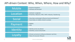 11 © 2014 CA. ALL RIGHTS RESERVED.
API-driven Context: Who, When, Where, How and Why?
• Anytime Anywhere
• Intimate and PersonalMobile
• Latitude / Longitude
• Proximity / Beacons / NFC / Wifi / Velocity / GeofencingLocation
• How does social graph influence brand and behavior?
• Social data on mobile critical to contextSocial
• Wallets
• POSPayment
• Identity across any device
• Seamless, secure and privateIdentity
• Virtual currencies to influence behavior real-time
• Value of consumer lifecycleLoyalty
 