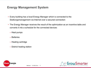 Webinar - 27/09/2016 - 11
• Every building has a local Energy Manager which is connected to the
Siedlungsmanagement via Internet over a secured connection
• The Energy Manager receives the result of the optimization as an incentive table and
converts it into a schedule for the connected devices:
– Heat pumps
– Batteries
– Heating cartridge
– District heating station
Energy Management System
 