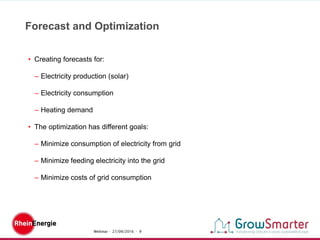 Webinar - 27/09/2016 - 9
• Creating forecasts for:
– Electricity production (solar)
– Electricity consumption
– Heating demand
• The optimization has different goals:
– Minimize consumption of electricity from grid
– Minimize feeding electricity into the grid
– Minimize costs of grid consumption
Forecast and Optimization
 