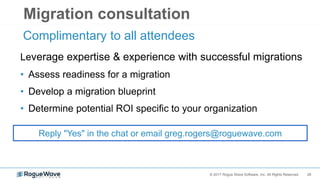 26© 2017 Rogue Wave Software, Inc. All Rights Reserved.
Migration consultation
Complimentary to all attendees
Reply "Yes" in the chat or email greg.rogers@roguewave.com
Leverage expertise & experience with successful migrations
• Assess readiness for a migration
• Develop a migration blueprint
• Determine potential ROI specific to your organization
 