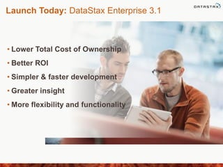 Launch Today: DataStax Enterprise 3.1
• Lower Total Cost of Ownership
• Better ROI
• Simpler & faster development
• Greater insight
• More flexibility and functionality
 