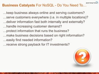 Business Catalysts For NoSQL - Do You Need To…
…keep business always online and serving customers?
…serve customers everywhere (i.e. in multiple locations)?
…deliver information fast both internally and externally?
…handle increasing customer demand?
…protect information that runs the business?
…make business decisions based on right information?
…easily find needed information?
…receive strong payback for IT investments?
 