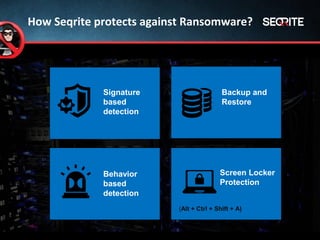 Behavior
based
detection
Signature
based
detection
Backup and
Restore
Screen Locker
Protection
(Alt + Ctrl + Shift + A)
How Seqrite protects against Ransomware?
 