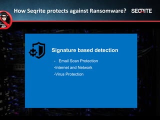Signature based detection
- Email Scan Protection
-Internet and Network
-Virus Protection
How Seqrite protects against Ransomware?
 