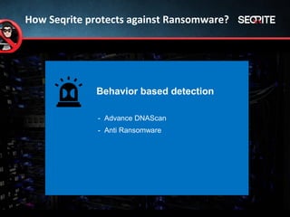 How Seqrite protects against Ransomware?
Behavior based detection
- Advance DNAScan
- Anti Ransomware
 