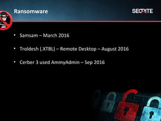 Ransomware
• Samsam – March 2016
• Troldesh (.XTBL) – Remote Desktop – August 2016
• Cerber 3 used AmmyAdmin – Sep 2016
 