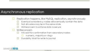 Confidential
Asynchronous replication
☐ Replication happens, like MySQL replication, asynchronously
☐ Eventual consistency: nodes will eventually contain the data
☐ Not all nodes may be in the same state
☐ Writeconcern to enforce data is secure
☐ Writeconcern
☐ HA: wait for confirmation from secondary nodes
☐ numeric, majority or <tag>
☐ Durability: Wait for write to journal
 