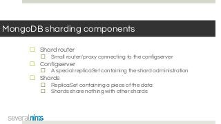 MongoDB sharding components
☐ Shard router
☐ Small router/proxy connecting to the configserver
☐ Configserver
☐ A special replicaSet containing the shard administration
☐ Shards
☐ ReplicaSet containing a piece of the data
☐ Shards share nothing with other shards
 