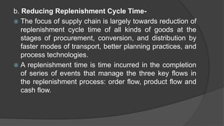 b. Reducing Replenishment Cycle Time-
 The focus of supply chain is largely towards reduction of
replenishment cycle time of all kinds of goods at the
stages of procurement, conversion, and distribution by
faster modes of transport, better planning practices, and
process technologies.
 A replenishment time is time incurred in the completion
of series of events that manage the three key flows in
the replenishment process: order flow, product flow and
cash flow.
 