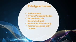 Erfolgskriterien
 3-9 Personen
 T-Form Persönlichkeiten
 Es bestimmt die
Geschwindigkeit
 Kommunikation wichtig
 Teamentwicklung aktiv
“nutzen“
 