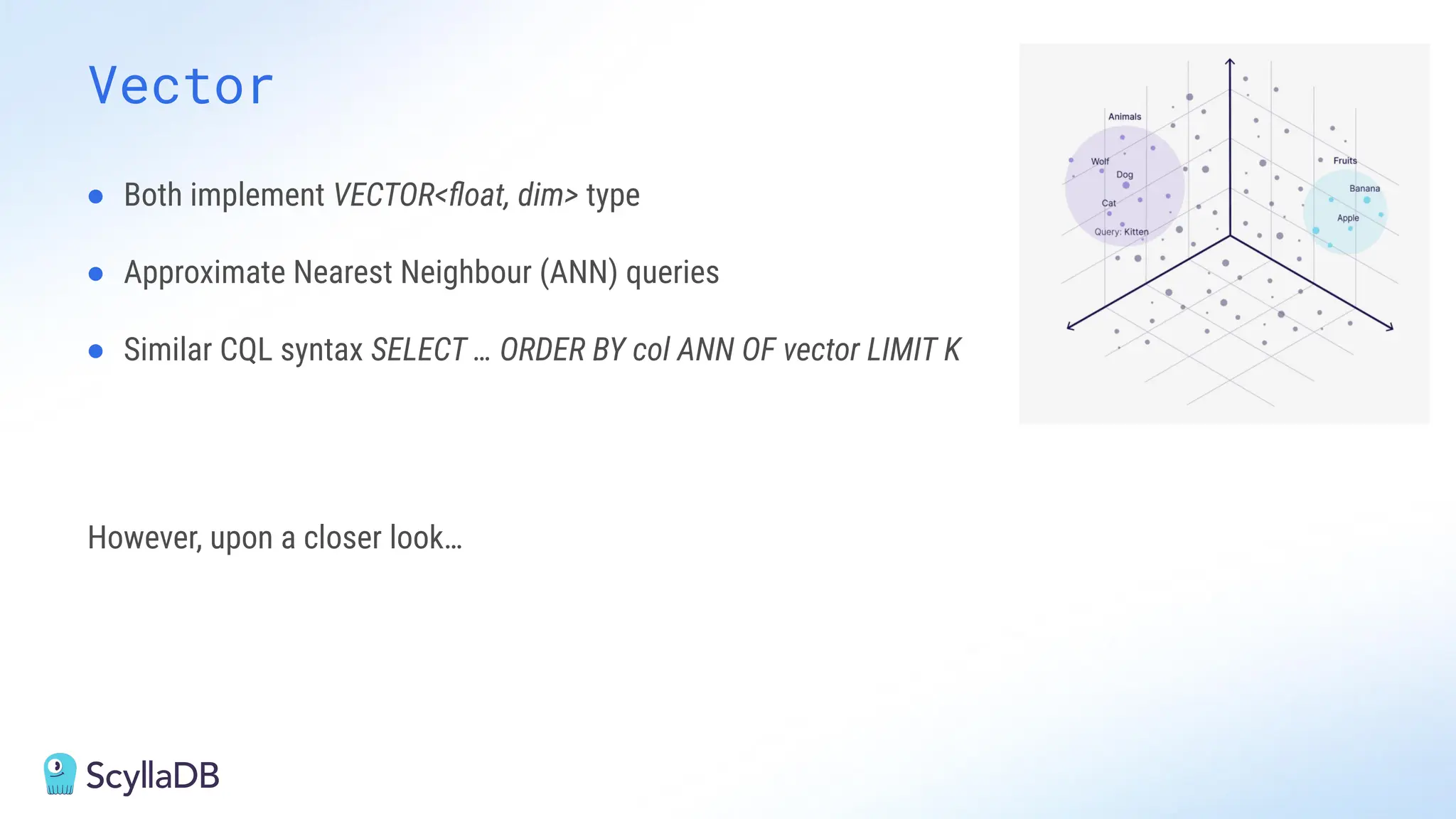 Vector
● Both implement VECTOR<ﬂoat, dim> type
● Approximate Nearest Neighbour (ANN) queries
● Similar CQL syntax SELECT … ORDER BY col ANN OF vector LIMIT K
However, upon a closer look…
 