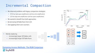 Incremental Compaction
A
B
...
Z
a
b
...
z
A+a
B+b
A a
B b
A+a
B+b
+ We observed problems with legacy compaction strategies:
+ STCS has high space ampliﬁcation (and low write ampliﬁcation)
+ LCS has high write ampliﬁcation (and low space ampliﬁcation)
+ We wanted to beneﬁt from both approaches
+ By borrowing SSTable Runs from LCS
+ And applying them over size-tiers
+ Merely replacing
+ increasingly larger SSTables with
+ increasingly longer SSTable Runs
Designing Access Methods: The RUM Conjecture
 