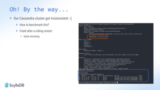 Oh! By the way...
+ Our Cassandra cluster got inconsistent :-(
+ How to benchmark this?
+ Fixed after a rolling restart
+ Quite annoying
 