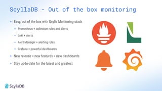 ScyllaDB - Out of the box monitoring
+ Easy, out of the box with Scylla Monitoring stack
+ Prometheus + collection rules and alerts
+ Loki + alerts
+ Alert Manager + alerting rules
+ Grafana + powerful dashboards
+ New release = new features = new dashboards
+ Stay up-to-date for the latest and greatest
 