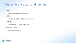 Cassandra setup and tuning
+ sysctl
+ ulimit | hugepages | kernel params
+ disks
+ scheduler | read_ahead_kb | non-rotational
+ JVM ☕
+ Java version | GC tuning | heap size
+ cassandra.yaml
+ main conﬁguration ﬁle
 