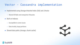 Vector - Cassandra implementation
● Implemented using Storage-Attached Index (SAI) and JVector
○ Shared SSTable and compaction lifecycles
● Built on Indexes
○ Susceptible to same issues
○ Data locality, large partitions
● Shared data paths (storage, chunk cache)
 