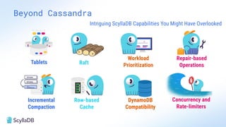 Beyond Cassandra
Tablets Raft
Workload
Prioritization
Repair-based
Operations
Incremental
Compaction
SSTable
SSTable
Low
Ampliﬁcation
Row-based
Cache
DynamoDB
Compatibility
Intriguing ScyllaDB Capabilities You Might Have Overlooked
Concurrency and
Rate-limiters
 