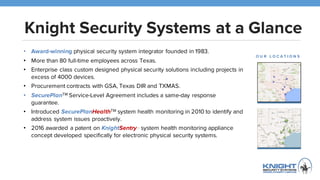 Mission and Core Values
Knight Security Systems’ mission is to assist clients in
improving and protecting their operational successes
through long-term relationships by focusing on:
Our Core Values represent
our commitment to treat our
customers, our vendors and
each other with respect and
honesty. These values are
meshed together to form our
company culture.
H I G H L I G H T S
Guided by our core values
HONOR – INTEGRITY – SERVICE
• Client-specific proven safety and security solutions
• Innovative and proactive service offerings
• Advanced technologies
• Experienced and Certified staff
 