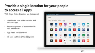 Provide a single location for your people
to access all apps
With Azure Active Directory My Apps portal
 Streamlined user access to cloud and
on-prem apps
 Easy management of app credentials
and preferences
 App filters and collections
 All apps visible in Office 365 portal
CE
 