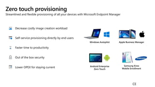 Zero touch provisioning
Streamlined and flexible provisioning of all your devices with Microsoft Endpoint Manager
Android Enterprise
Zero Touch
Samsung Knox
Mobile Enrollment
Apple Business Manager
Windows Autopilot
Out of the box security
Self-service provisioning directly by end users
Decrease costly image creation workload
Lower OPEX for staying current
Faster time to productivity
CE
 