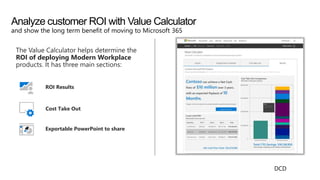 The Value Calculator helps determine the
ROI of deploying Modern Workplace
products. It has three main sections:
ROI Results
Cost Take Out
Exportable PowerPoint to share
Analyze customer ROI with Value Calculator
and show the long term benefit of moving to Microsoft 365
DCD
 