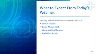 6
SM
Withum | BE IN A POSITION OF STRENGTH
What to Expect From Today’s
Webinar:
Securing Remote Workforce on the Microsoft Cloud
• Identity Security
• Device Management
• Windows Virtual Desktop
• Application Security
CE
 