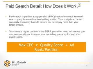 Paid Search Detail: How Does it Work?
• Paid search is paid on a pay-per-click (PPC) basis where each keyword
search query is a new live time bidding auction. Your budget can be set
on a daily or monthly basis to ensure you never pay more than your
target amount.
• To achieve a higher position in the SERP, you either need to increase your
max cost-per-click or increase your marketing relevancy through your
quality score.
Max CPC x Quality Score = Ad
Rank/Position
23
 