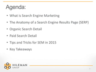 Agenda:
3
• What is Search Engine Marketing
• The Anatomy of a Search Engine Results Page (SERP)
• Organic Search Detail
• Paid Search Detail
• Tips and Tricks for SEM in 2015
• Key Takeaways
 
