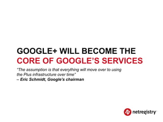 GOOGLE+ WILL BECOME THE
CORE OF GOOGLE’S SERVICES
“The assumption is that everything will move over to using
the Plus infrastructure over time”
– Eric Schmidt, Google’s chairman
 