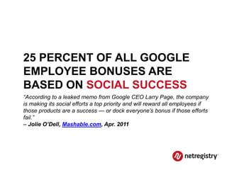 25 PERCENT OF ALL GOOGLE
EMPLOYEE BONUSES ARE
BASED ON SOCIAL SUCCESS
“According to a leaked memo from Google CEO Larry Page, the company
is making its social efforts a top priority and will reward all employees if
those products are a success — or dock everyone’s bonus if those efforts
fail.”
– Jolie O’Dell, Mashable.com, Apr. 2011
 