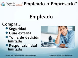 Compra...
Seguridad
Guía externa
Toma de decisión
limitada
Responsabilidad
limitada
Empleado
www.desarrollopersonalenlinea.com facebook.com/PNLAmericas
“Empleado o Empresario”
 
