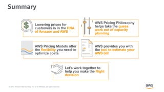 © 2017, Amazon Web Services, Inc. or its Affiliates. All rights reserved.
Summary
Lowering prices for
customers is in the ...
